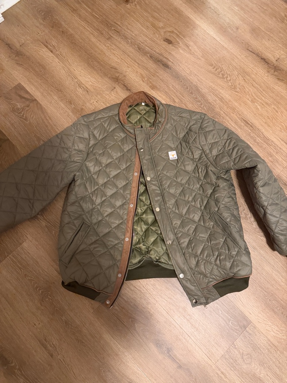 Mens Olive Green Quilted Lightweight Jacket with Brown Trim